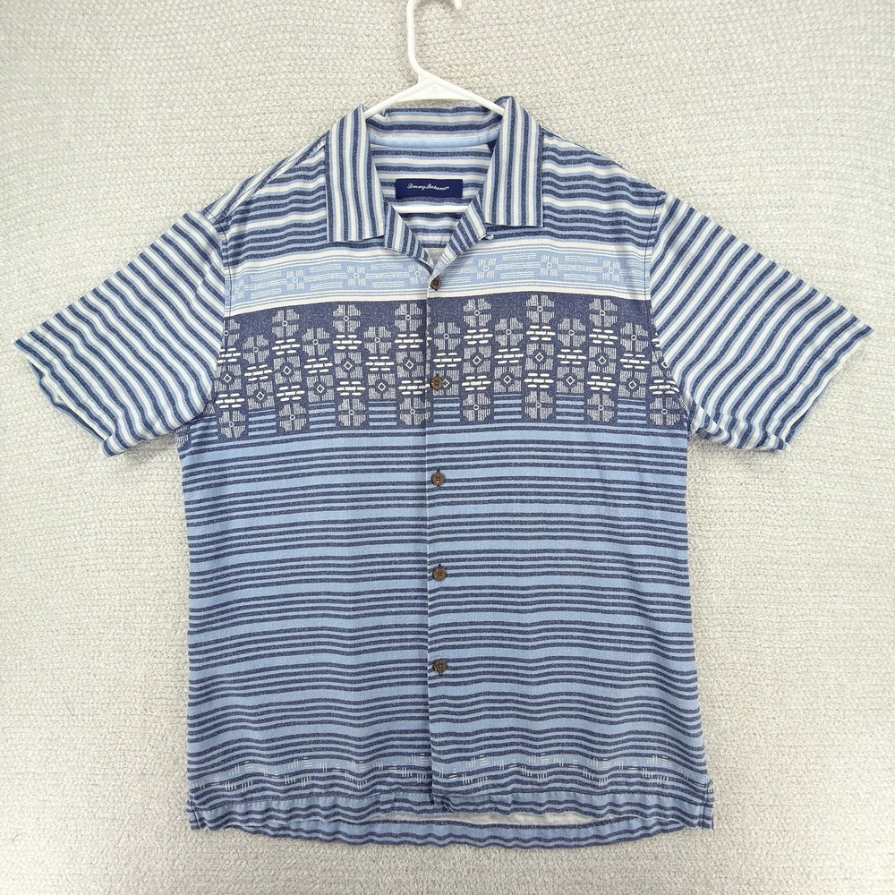 Tommy Bahama‎ Shirt Mens Large Hawaiian Aztec 100% Silk Floral Camp Button Up